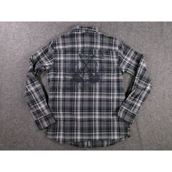 Helix Shirt Youth Medium Gray Plaid Western Causal Guitar Print Classic Button - Picture 8 of 10